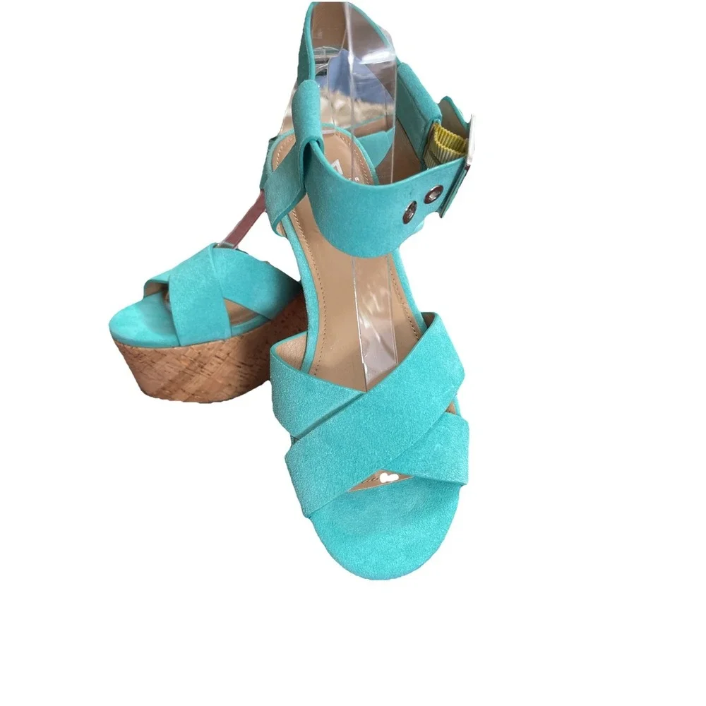 Marc Fisher LTD Cacie‎ Turquoise Suede Platform Sandal Buckle Women Sz 6.5 M Fun